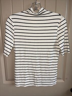 Mystree White and Black Striped Short Sleeve Mock Neck Top